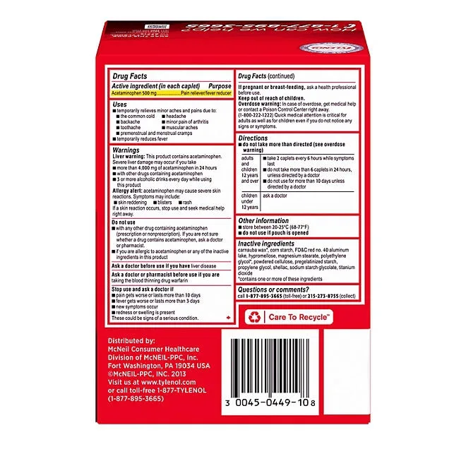 Tylenol Extra Strength, 500 mg. Acetaminophen, 2 caplets/pk., 50 pk. 4
