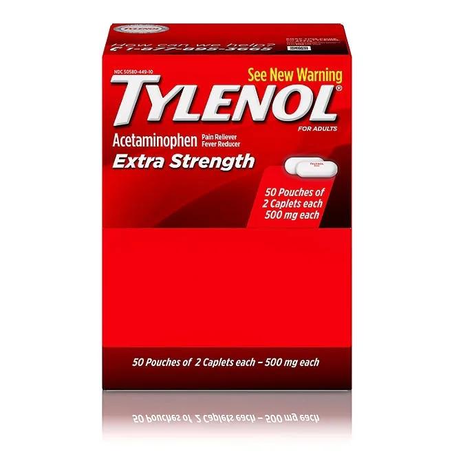 Tylenol Extra Strength, 500 mg. Acetaminophen, 2 caplets/pk., 50 pk. 2