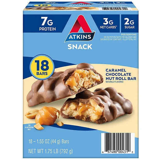 Atkins Anytime Snacks, Snack Bar, Caramel Chocolate Nut Roll, 18 ct. 2