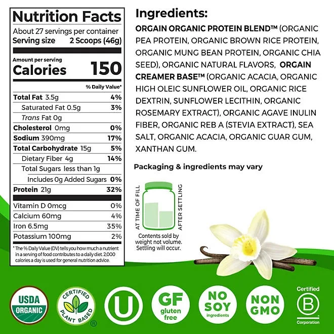 Orgain Organic 21g Plant-Based Protein Powder, Vanilla Bean 2.74 lbs. 3