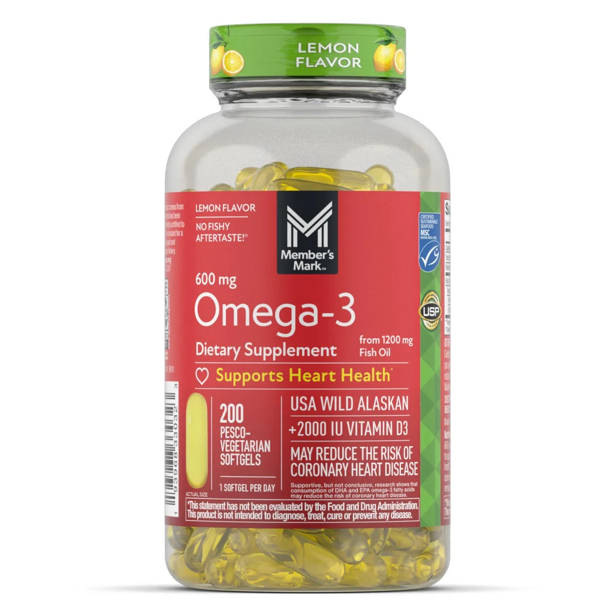 Member's Mark 600mg Omega-3 from Fish Oil with 50 mcg Vitamin D3 Softgels, 200 ct.