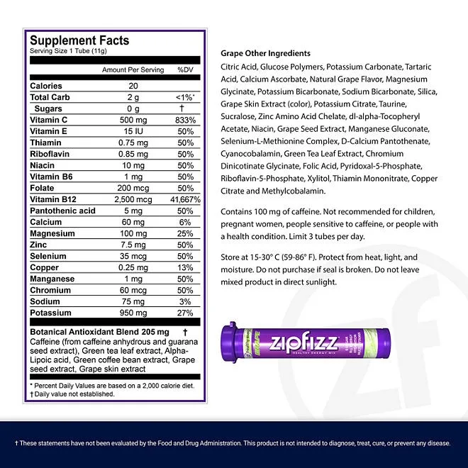 Zipfizz Energy Multi-Vitamin Hydration Drink Mix, Grape, 20 ct. 3