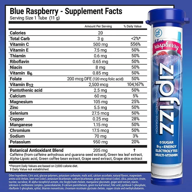 Zipfizz Energy Multi-Vitamin Hydration Drink Mix, Blue Raspberry, 20 ct. 3
