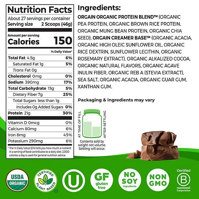 Orgain Organic 21g Plant-Based Protein Powder, Creamy Chocolate Fudge 2.74 lbs. 3