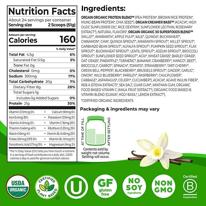Orgain Organic 21g Plant-Based Protein Powder + Superfoods, Vanilla 2.7 lbs. 3