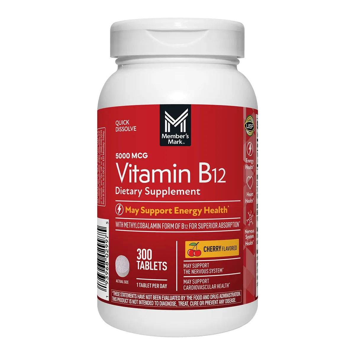 Member&rsquos Mark Vitamin B12 Quick Dissolve Tablets, 5000 mcg, Cherry, 300 ct.