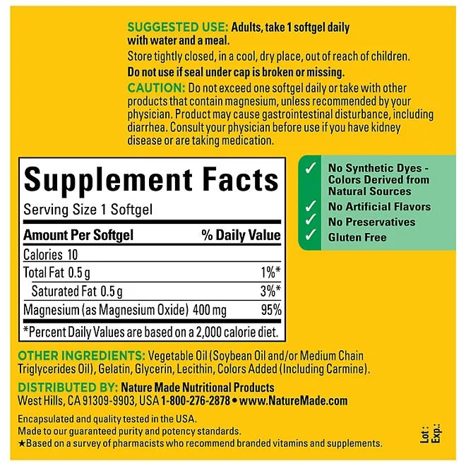 Nature Made Magnesium Oxide 400mg Softgels, 150 ct. 3