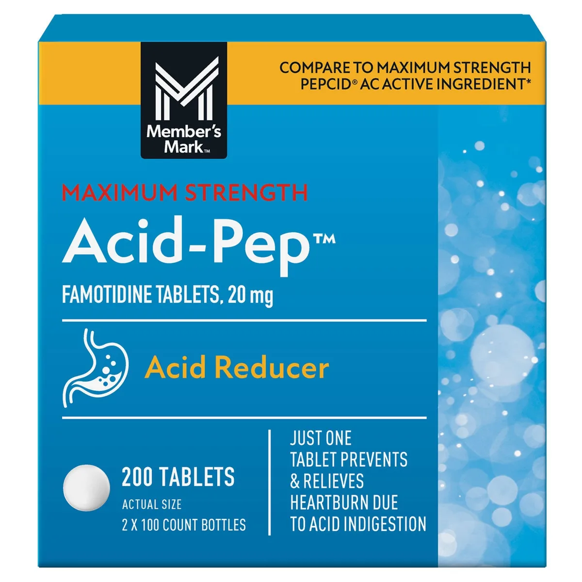 Member&rsquos Mark Acid-Pep Acid Reducer Tablets, 20 mg Famotidine, 100 ct./pk., 2 pk.