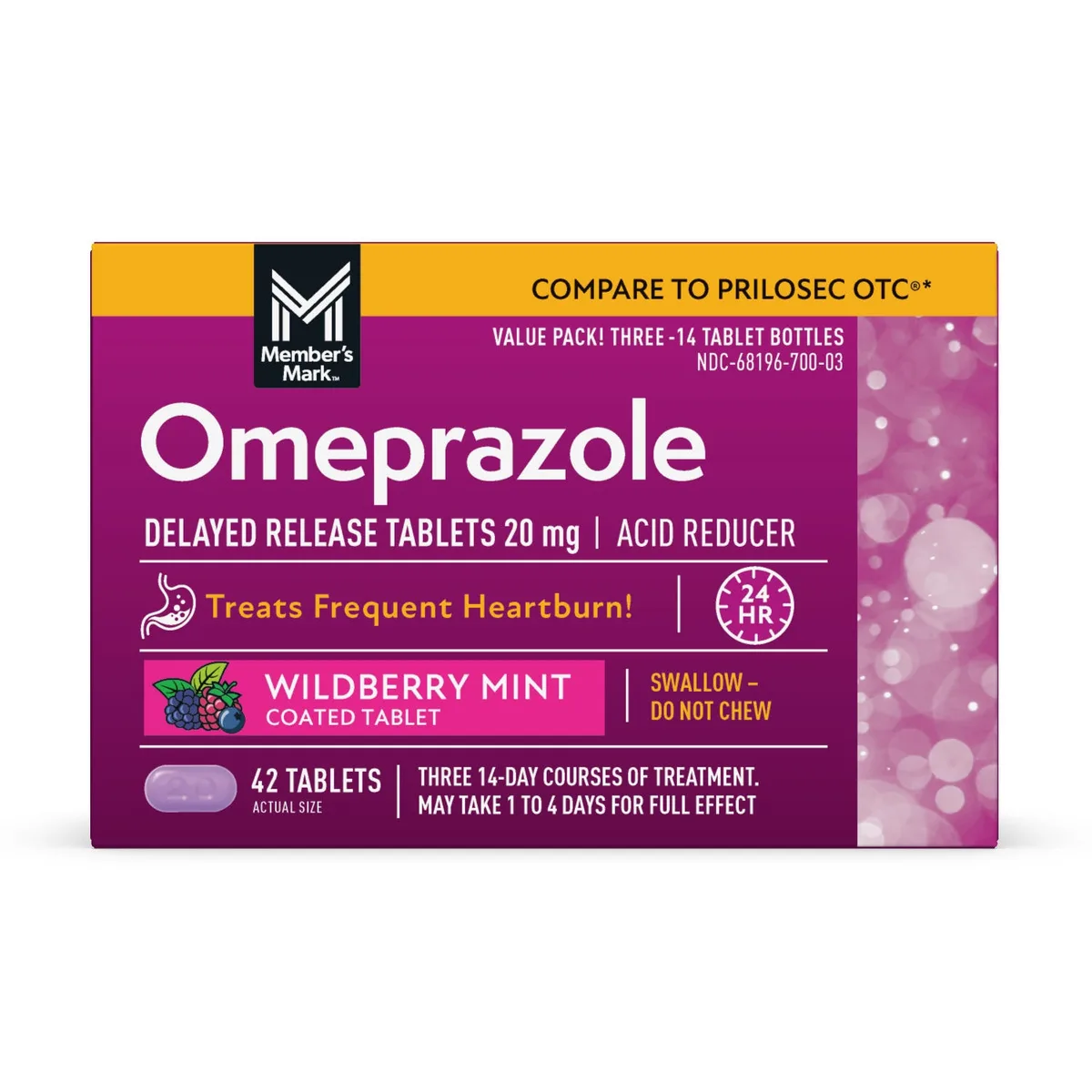Member's Mark Wildberry Mint Omeprazole Tablets, 20mg, 42 ct.