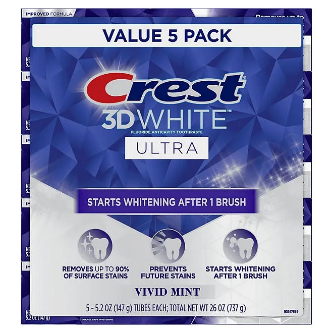 Crest 3D White Vivid Mint Ultra Whitening Toothpaste, 5.2 oz., 5 pk. 2