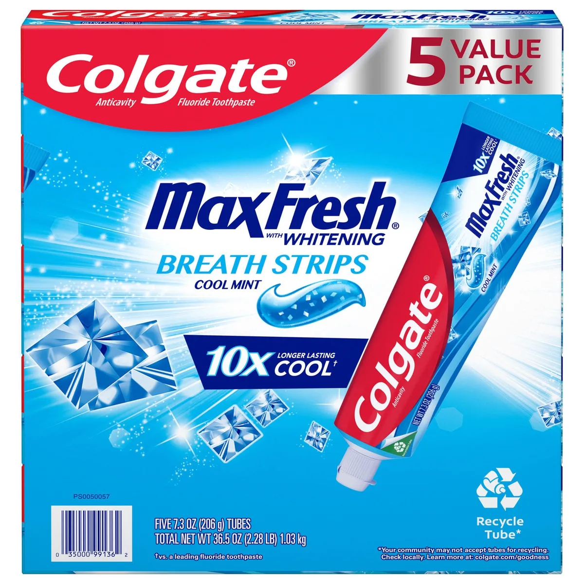 Colgate MaxFresh Toothpaste with Mini Breath Strips, Cool Mint, 7.3 oz., 5 pk