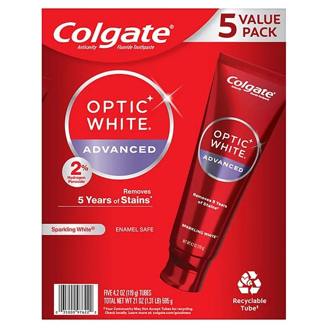 Colgate Optic White Advanced Teeth Whitening Sparkling White Toothpaste, 4.2 oz., 5 pk. 2
