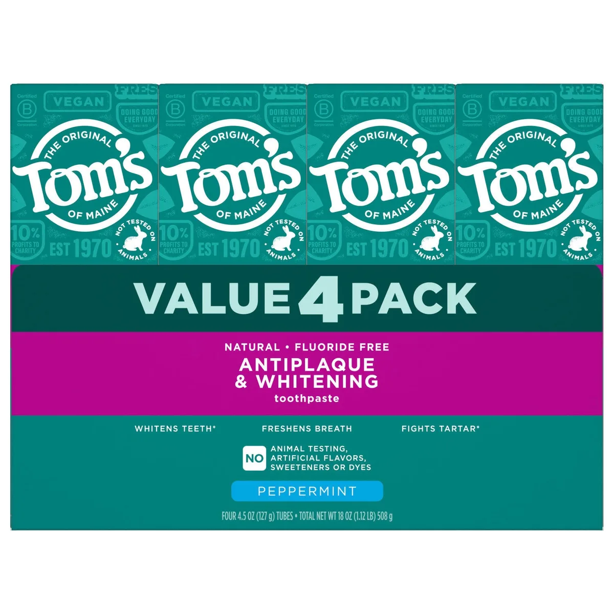 Tom's of Maine Fluoride-Free Antiplaque & Whitening Toothpaste, 4.5 oz., 4 pk.