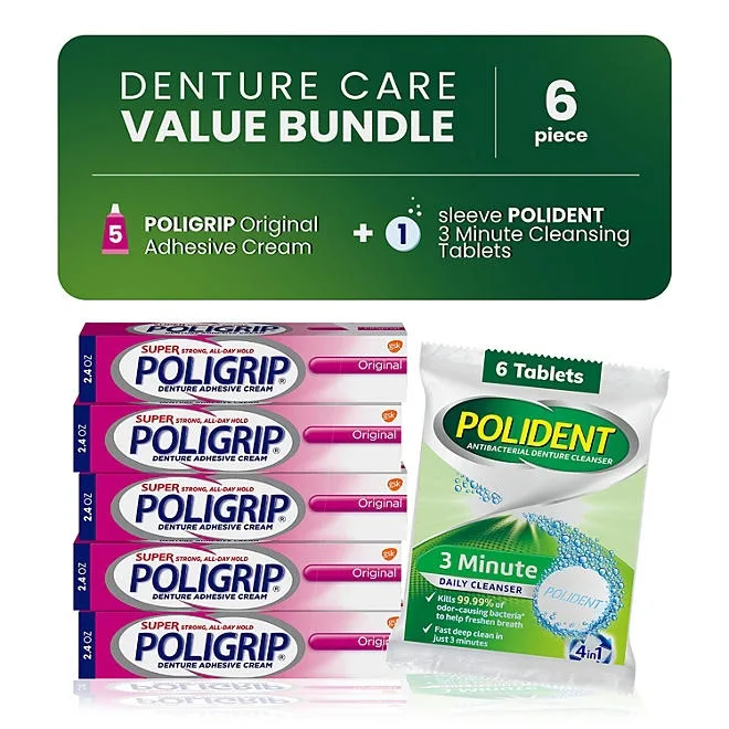 Poligrip Denture Adhesive Cream 2.4 oz., 5 ct. + Polident Cleanser 6 Tablets 3
