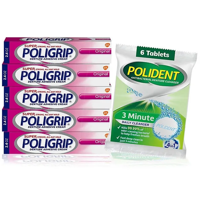 Poligrip Denture Adhesive Cream 2.4 oz., 5 ct. + Polident Cleanser 6 Tablets 2