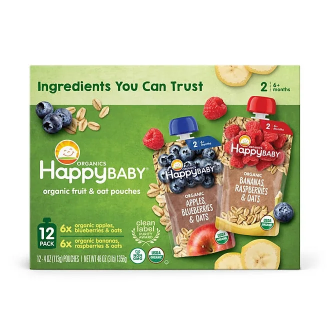 HappyBABY Organics Clearly Crafted Fruit & Oat Pouches, Variety Pack, 12 ct., 4 oz. 2