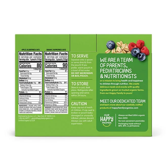 HappyBABY Organics Clearly Crafted Fruit & Oat Pouches, Variety Pack, 12 ct., 4 oz. 3