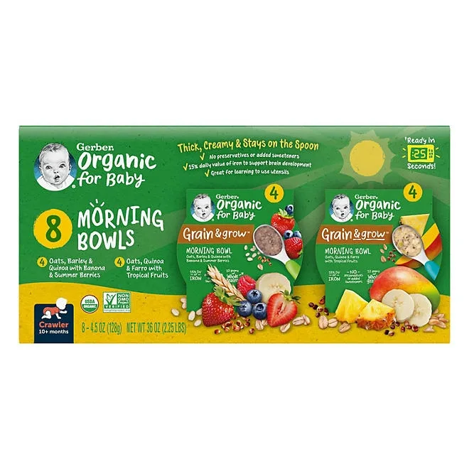 Gerber Organic Grain & Grow Morning Bowls, Variety Pack, 4.5 oz., 8 ct. 2
