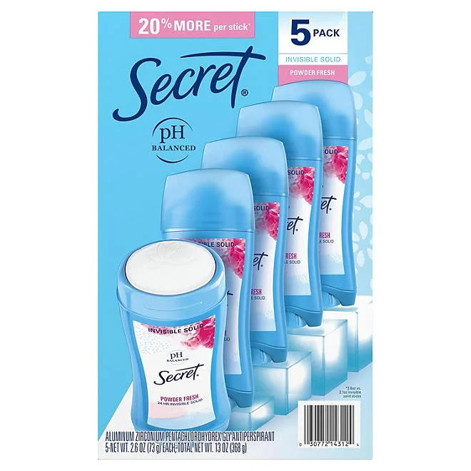 Secret Invisible Solid Antiperspirant and Deodorant, Powder Fresh, 2.6 oz., 5 pk. 3