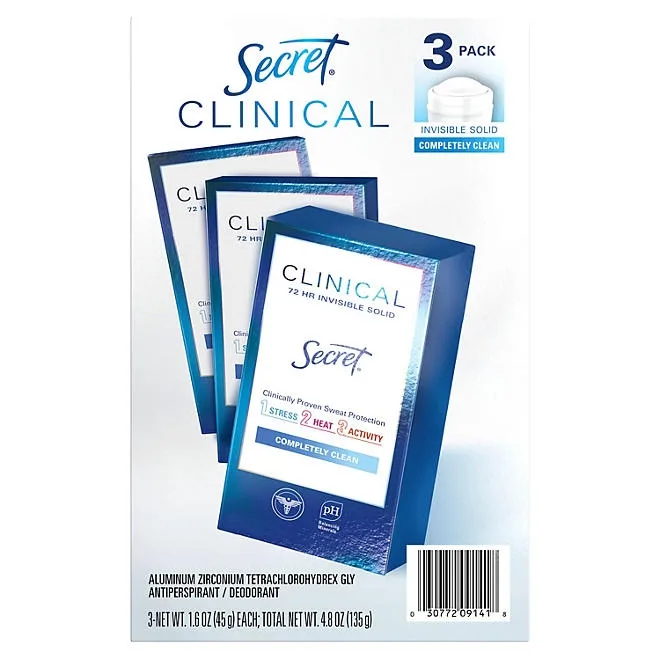 Secret Clinical Invisible Solid Antiperspirant and Deodorant, Completely Clean, 1.6 oz., 3 pk. 3