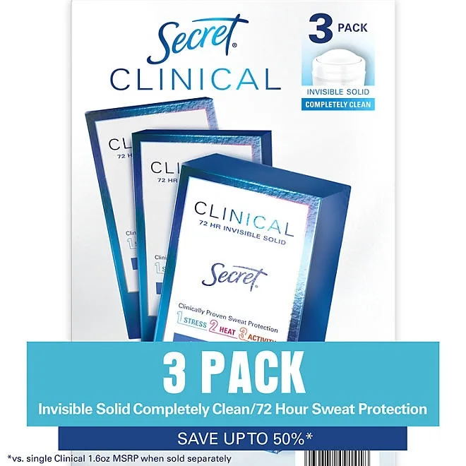 Secret Clinical Invisible Solid Antiperspirant and Deodorant, Completely Clean, 1.6 oz., 3 pk. 2