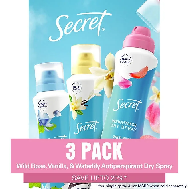 Secret Dry Spray Women's Antiperspirant Deodorant, Vanilla, Wild Rose & Waterlily, 4.1 oz., 3 pk. 2