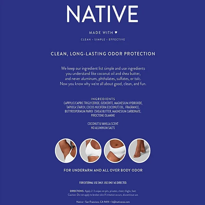 Native Whole Body Aluminum-Free Deodorant, Coconut & Vanilla, 2.3oz., 3pk. 3