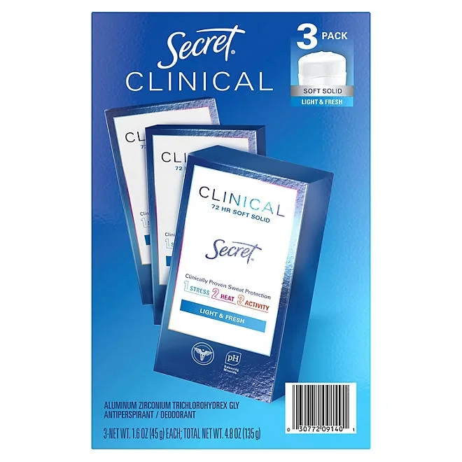 Secret Clinical Soft Solid Antiperspirant and Deodorant, Light & Fresh, 1.6 oz., 3 ct. 3