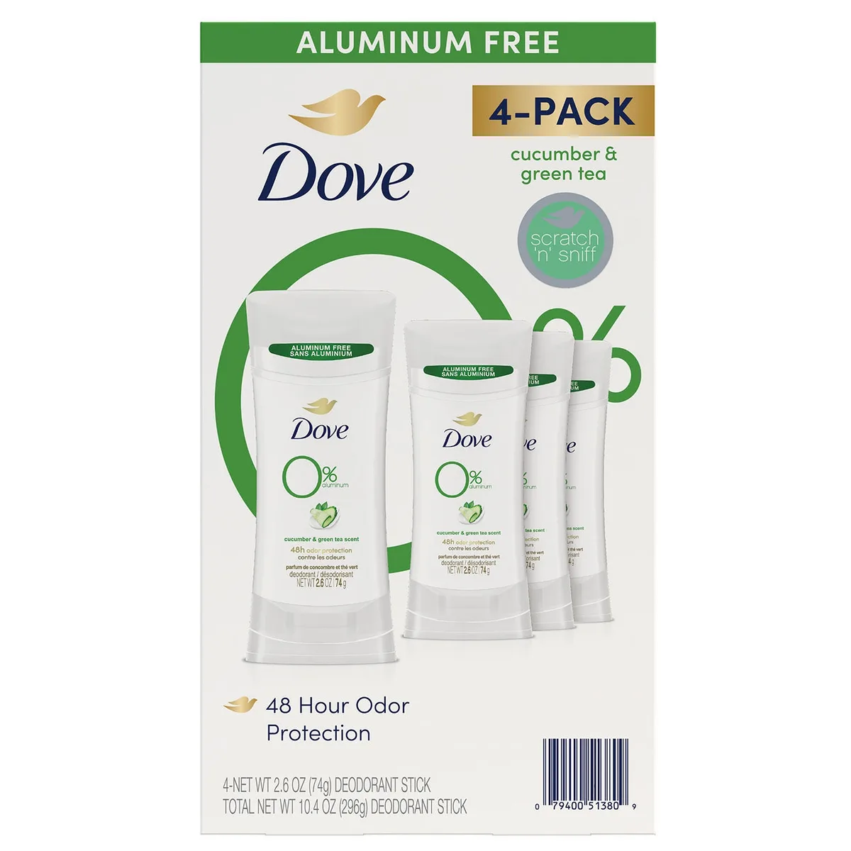 Dove 0% Aluminum Deodorant, Cucumber and Green Tea., 2.6 oz., 4 pk.