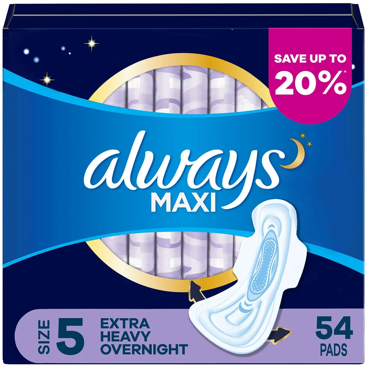Always Maxi Overnight Pads with Wings, Size 5, 54 ct.