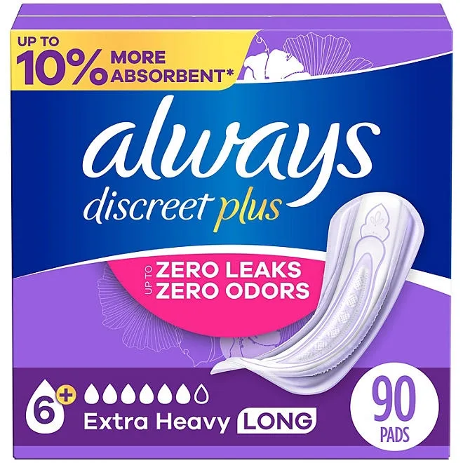 Always Discreet plus Incontinence Pads for Women, Extra Heavy Long, 90 ct. 2