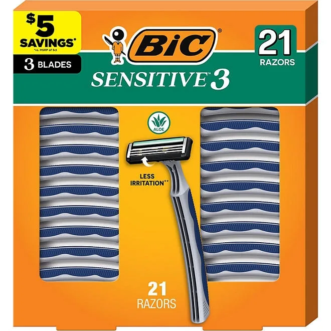 BIC Sensitive 3 Disposable Razors for Men, 3 Blade, 21 ct. 2