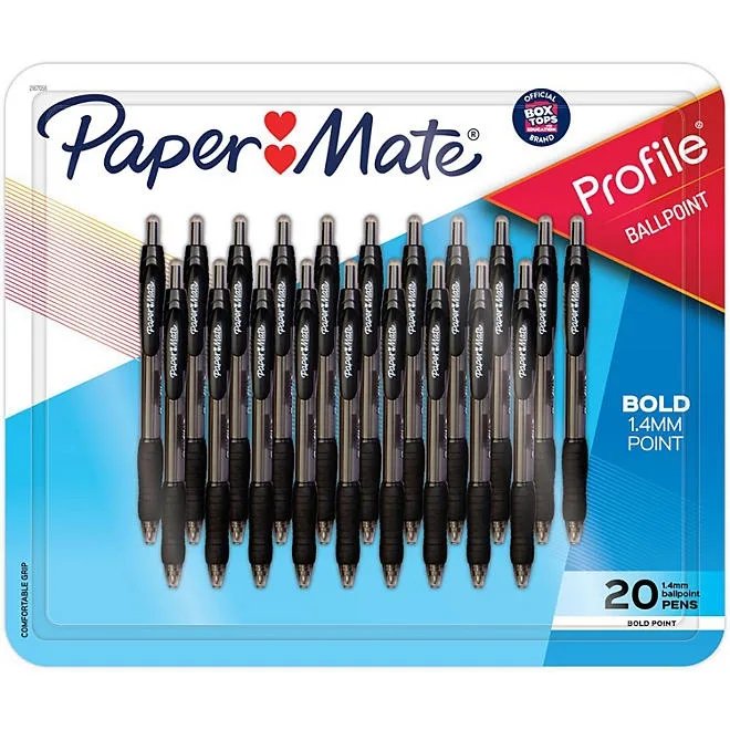 Paper Mate Ballpoint Pen, Profile Retractable Pen, Bold Point 1.4mm, Black, 20 Count 2