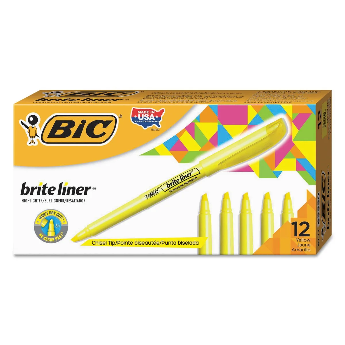 BIC Brite Liner Highlighter, Chisel Tip, Fluorescent Yellow, 12pk.