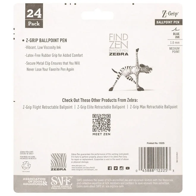 Zebra - Z-Grip Retractable Ballpoint Pen, Blue and Medium - 24/Packs 4