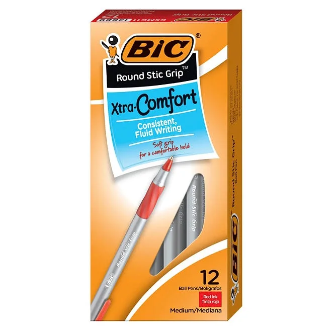 BIC Round Stic Grip Xtra Comfort Ballpoint Pen, Red Ink, 1.2mm, Medium, 12ct. 3
