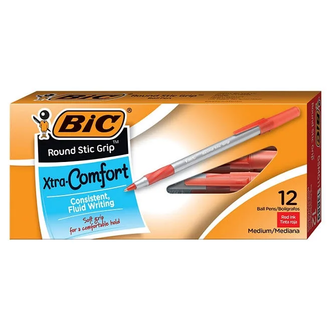 BIC Round Stic Grip Xtra Comfort Ballpoint Pen, Red Ink, 1.2mm, Medium, 12ct. 2