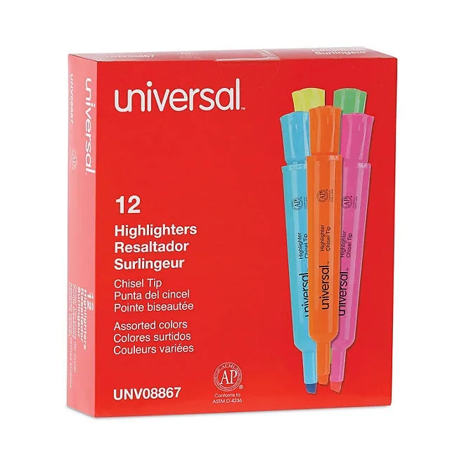 Universal® Desk Highlighter, Chisel Tip, Assorted Colors, 12/Set 3