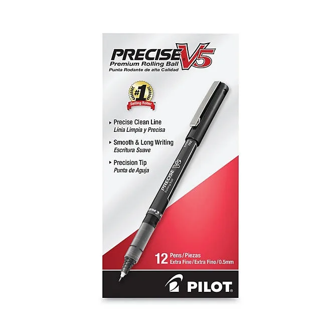Pilot - Precise V5 Roller Ball Stick Pen, Needle Pt, Black Ink, 0.5mm Extra Fine - Dozen 3
