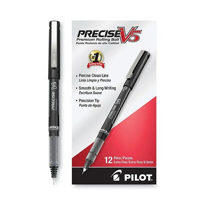 Pilot - Precise V5 Roller Ball Stick Pen, Needle Pt, Black Ink, 0.5mm Extra Fine - Dozen 4