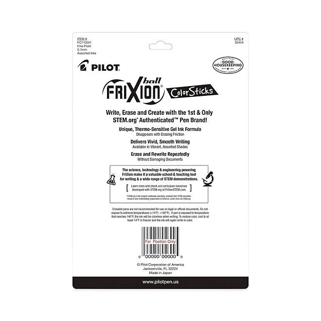Pilot FriXion ColorSticks Erasable Gel Pen, Stick, Fine 0.7 mm, Assorted Ink and Barrel Colors, 10/Pack 4