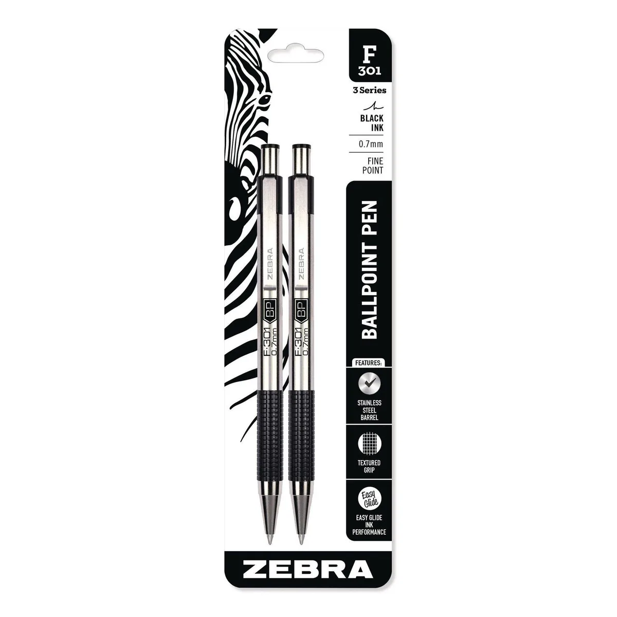 Zebra F-301 Ballpoint Pen, Retractable, Fine 0.7 mm, Black Ink, Stainless Steel/Black Barrel, 2/Pack