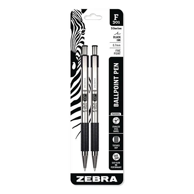 Zebra F-301 Ballpoint Pen, Retractable, Fine 0.7 mm, Black Ink, Stainless Steel/Black Barrel, 2/Pack 2