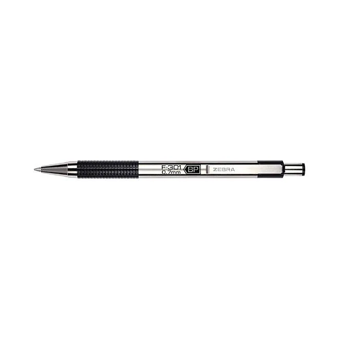 Zebra F-301 Ballpoint Pen, Retractable, Fine 0.7 mm, Black Ink, Stainless Steel/Black Barrel, 2/Pack 3