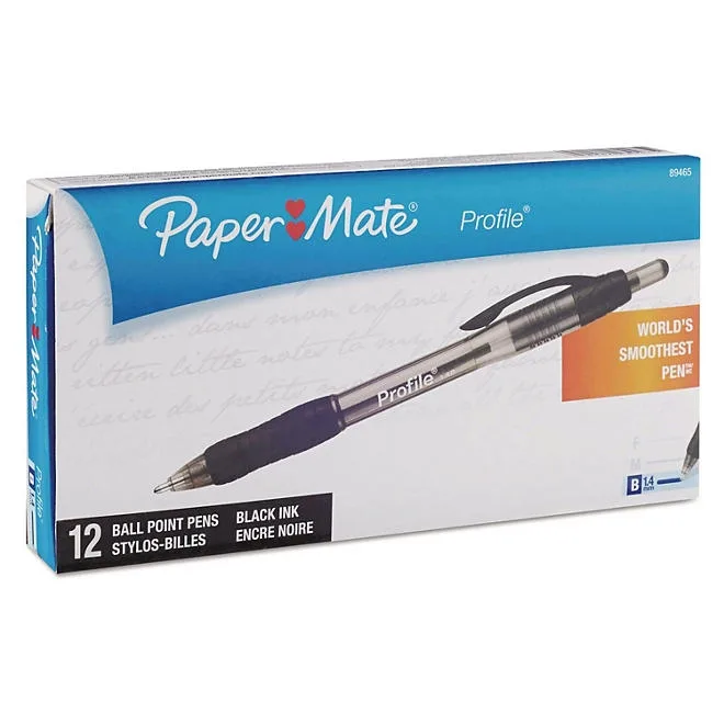 PaperMate Profile Ballpoint Pen, Retractable, Bold 1.4 mm, Black Ink, Translucent Black Barrel, Dozen 2