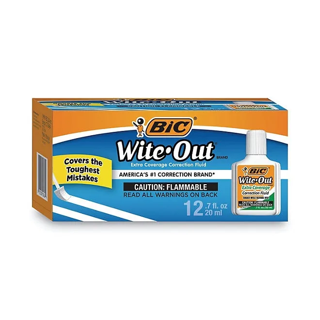 BIC Wite-Out Extra Coverage Correction Fluid, 20 ml Bottle, White 12-pack 5