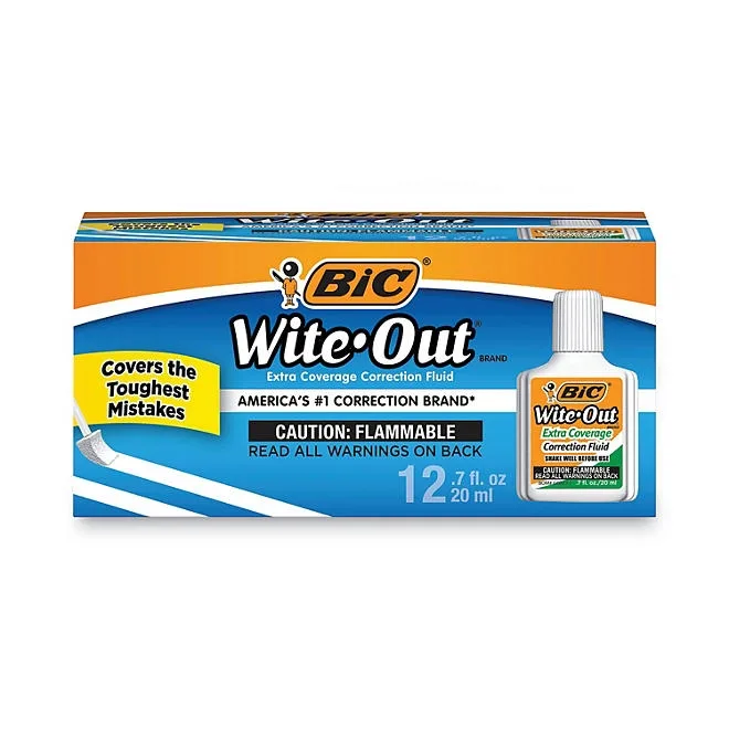 BIC Wite-Out Extra Coverage Correction Fluid, 20 ml Bottle, White 12-pack 2