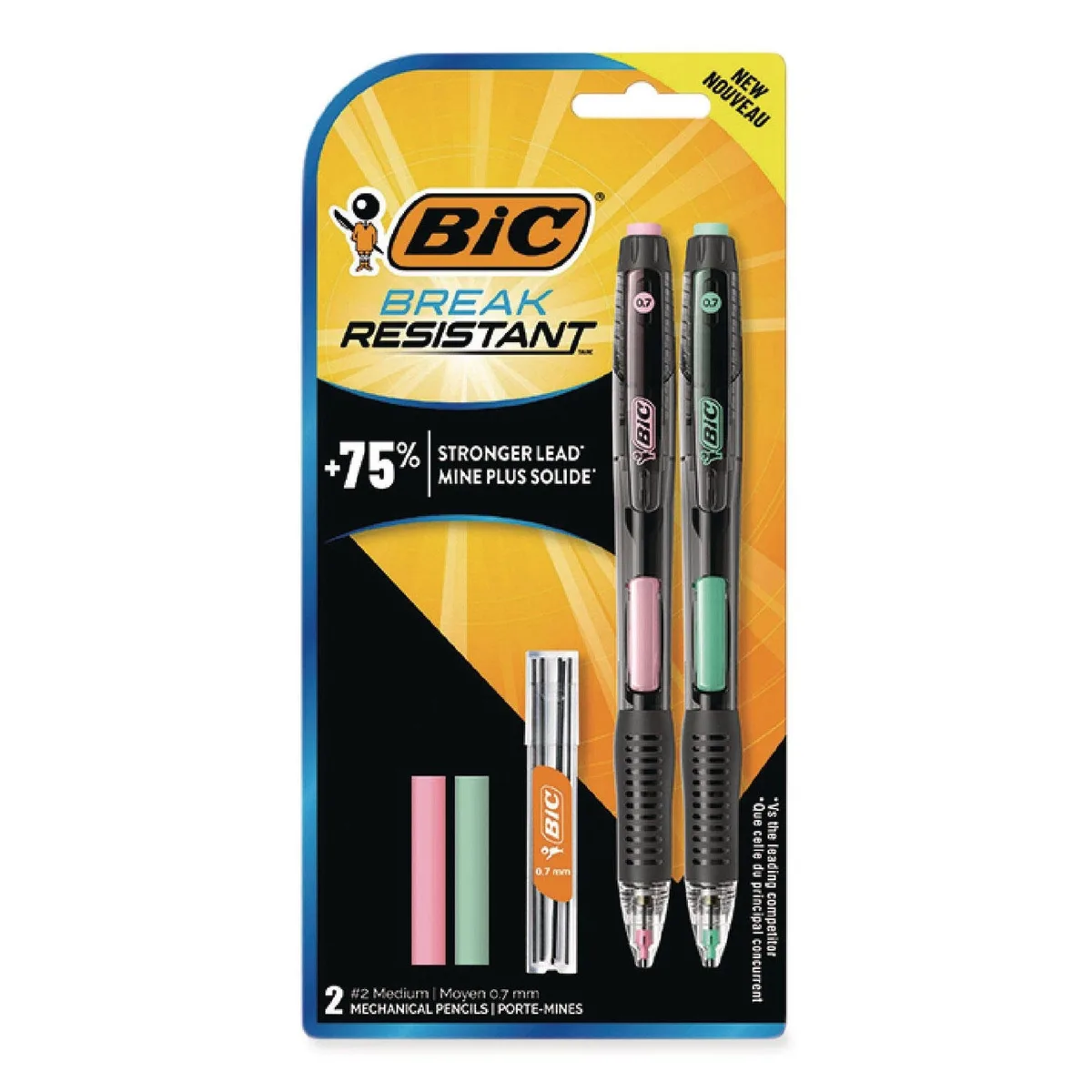 BIC Break-Resistant Mechanical Pencils with Erasers, 0.7 mm, HB (2), Black Lead, Assorted Barrel Colors, 2/Pack