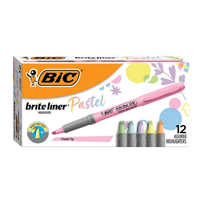 BIC Brite Liner Grip Pastel Highlighters, Versatile Chisel Tip, Soft Grip, 12-Count in Assorted Colors 2