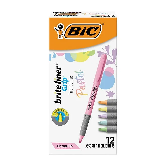 BIC Brite Liner Grip Pastel Highlighters, Versatile Chisel Tip, Soft Grip, 12-Count in Assorted Colors 3